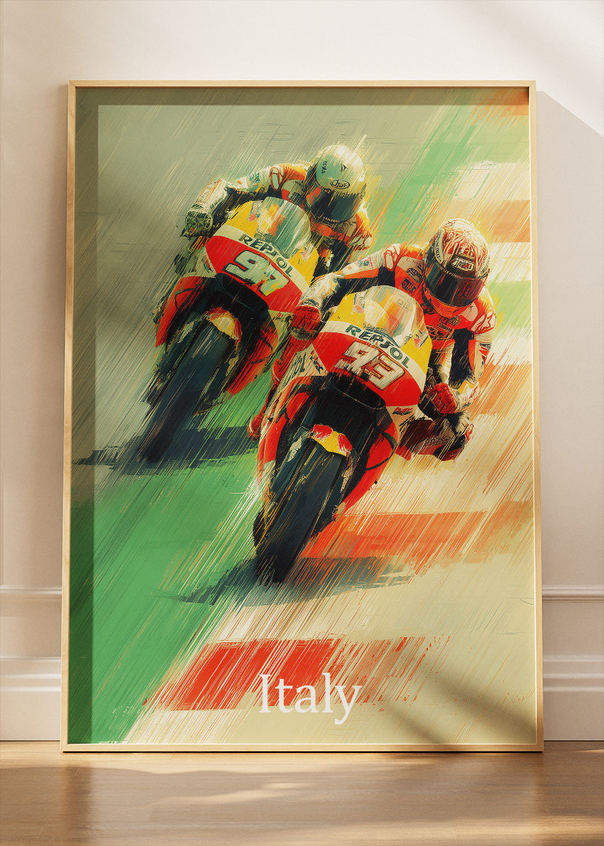 Italy Motorcycle Racing Duel Motion Wall Art Poster & Canvas