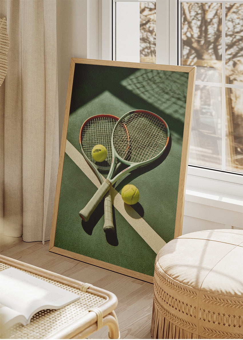 Tennis Rackets on Court Wall Art Poster & Canvas Print – Modern Sports Decor