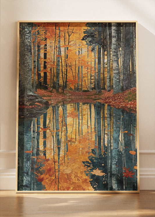 Autumn Forest Reflection Wall Art – Golden Woodland Lake Canvas Print & Modern Nature Landscape Poster for Living Room Decor UK
