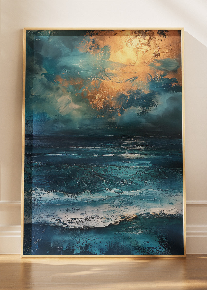 Midnight Ocean with Golden Sky – Dramatic Abstract Seascape Wall Art Poster & Canvas – AI PRINT LAB