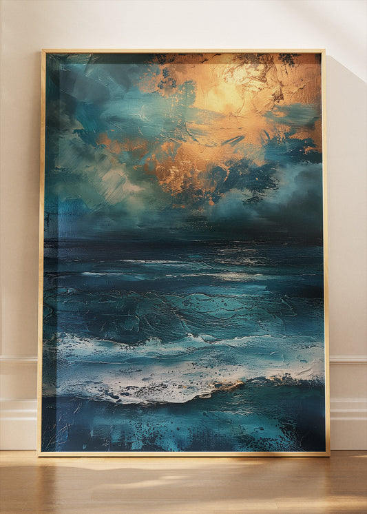Midnight Ocean with Golden Sky – Dramatic Abstract Seascape Wall Art Poster & Canvas – AI PRINT LAB
