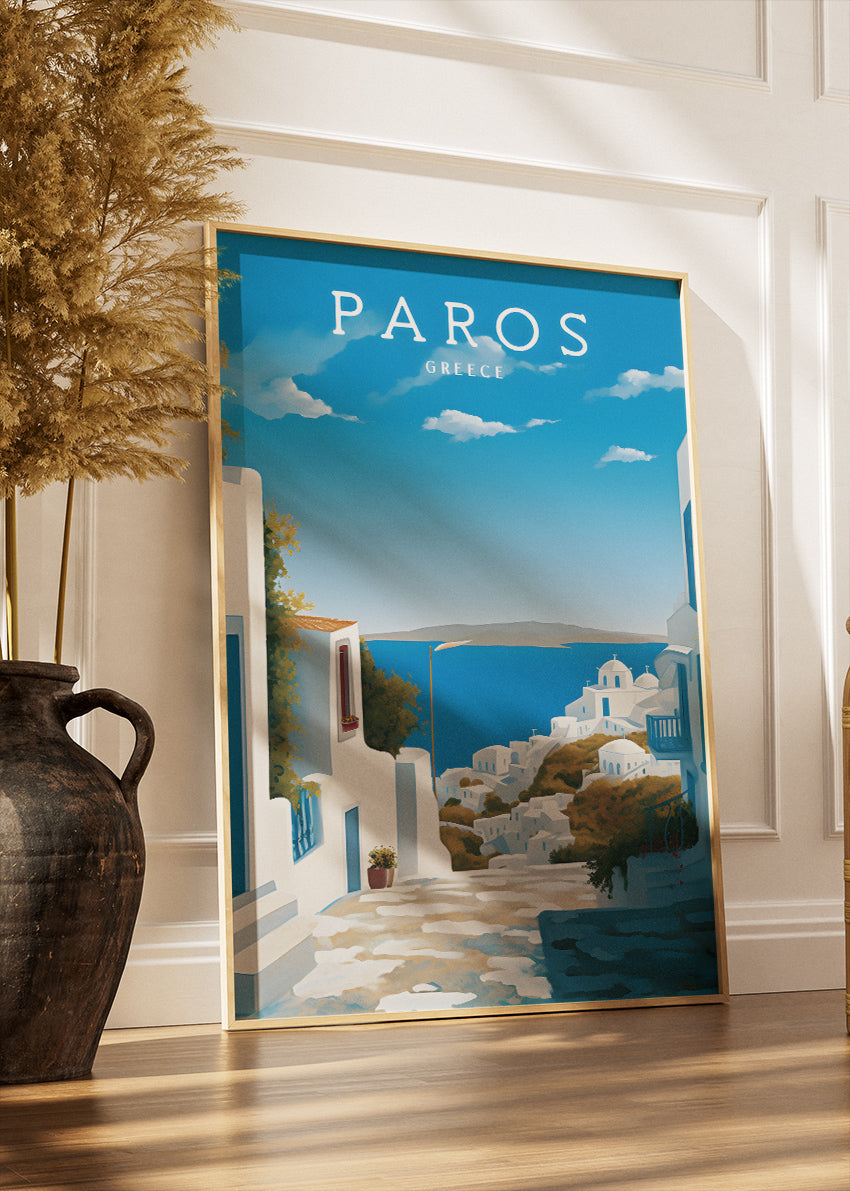 Paros Greece Coastal Village Poster & Canvas Print – Blue & White Greek Island Art
