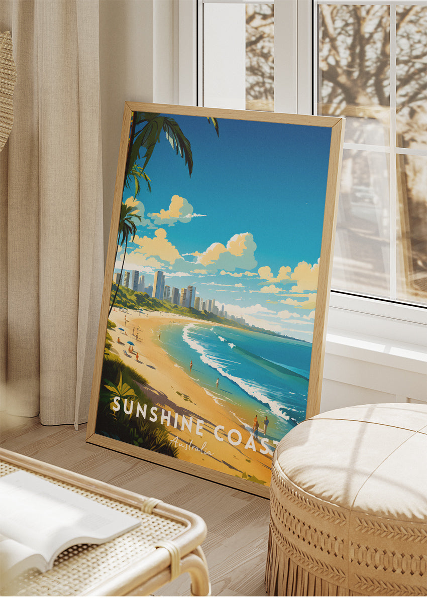 Sunshine Coast Australia Travel Poster & Canvas Wall Art – Beach Skyline Print