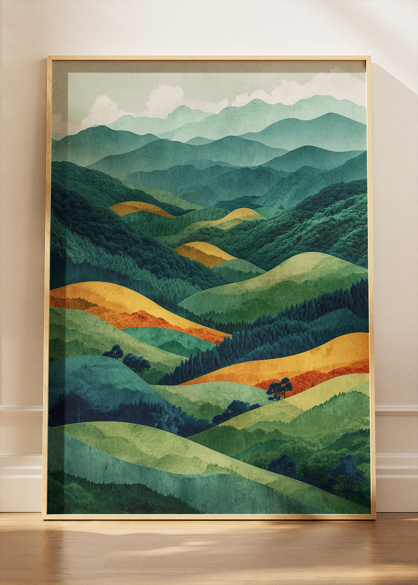 Emerald Rolling Hills – Modern Layered Mountain Landscape Canvas & Poster Print – AI PRINT LAB