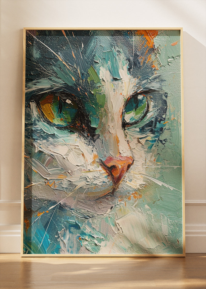 Abstract Cat Portrait Poster & Canvas Print – Colorful Textured Brush Art