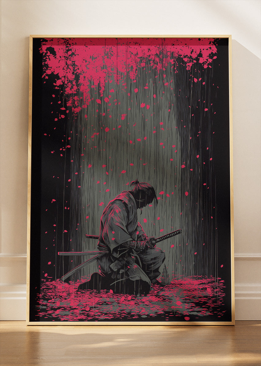 Samurai Wall Art – Dark Japanese Warrior Canvas Print & Modern Red Sakura Statement Poster for Living Room Decor UK