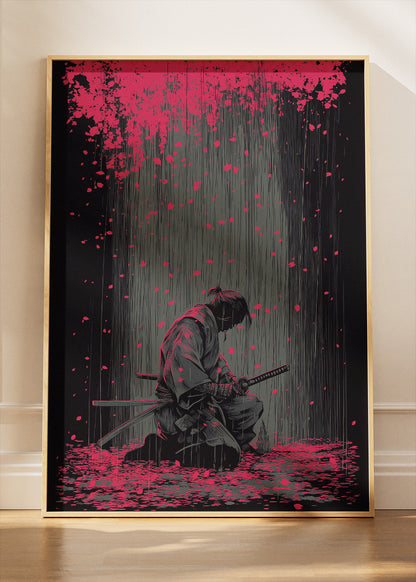 Samurai Wall Art – Dark Japanese Warrior Canvas Print & Modern Red Sakura Statement Poster for Living Room Decor UK