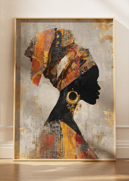 African Silhouette Wall Art – Gold and Orange Headwrap Portrait Canvas Print & Modern Cultural Statement Poster for Living Room Decor UK