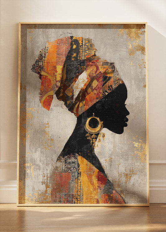 African Silhouette Wall Art – Gold and Orange Headwrap Portrait Canvas Print & Modern Cultural Statement Poster for Living Room Decor UK
