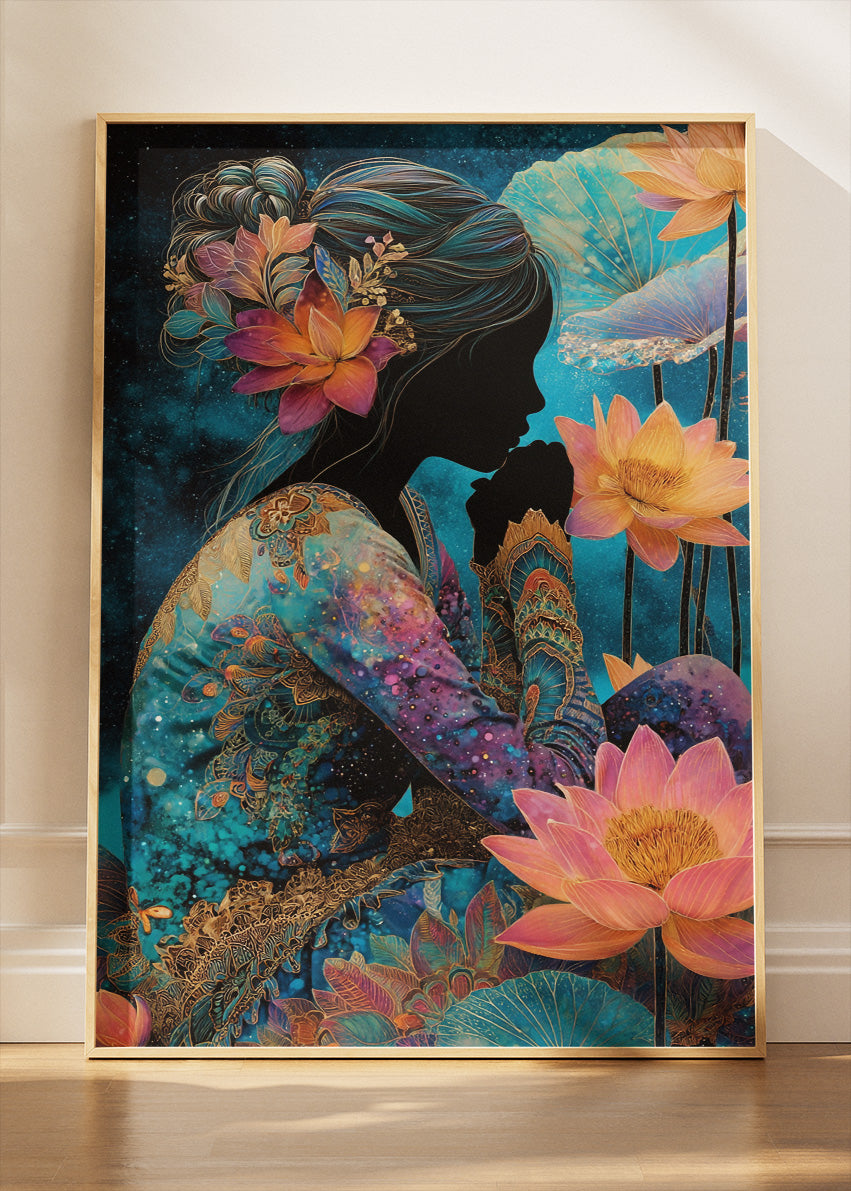 Mystical Lotus Woman Wall Art – Blue and Gold Fantasy Silhouette Canvas Print & Modern Floral Statement Poster for Living Room Decor UK