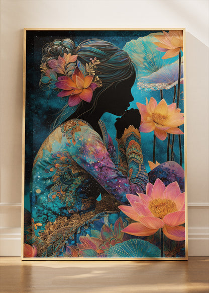 Mystical Lotus Woman Wall Art – Blue and Gold Fantasy Silhouette Canvas Print & Modern Floral Statement Poster for Living Room Decor UK