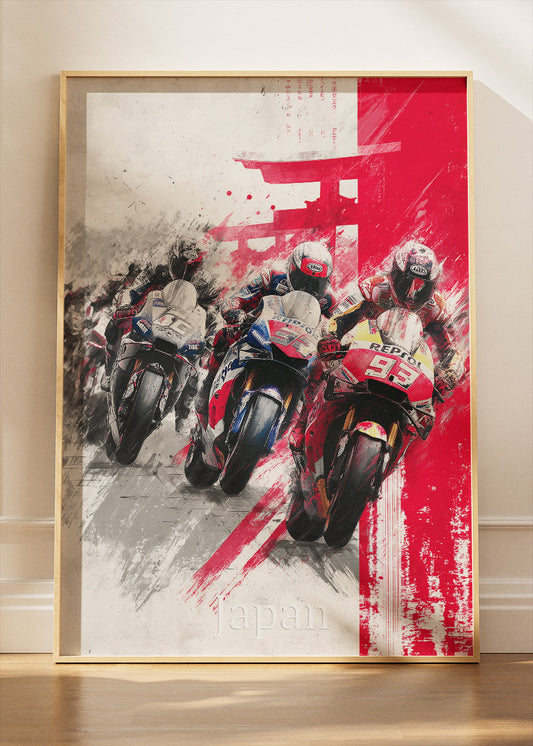 Japan Motorcycle Racing Rising Sun Wall Art Poster & Canvas