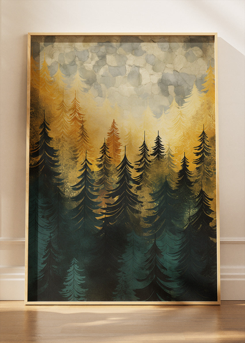 Golden Forest Mist – Modern Pine Tree Landscape Canvas & Poster Print – AI PRINT LAB