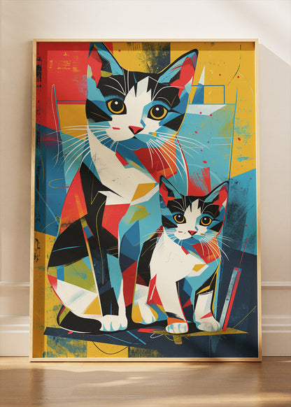 Colorful Cats Poster & Canvas Print – Modern Geometric Two Cats Wall Art