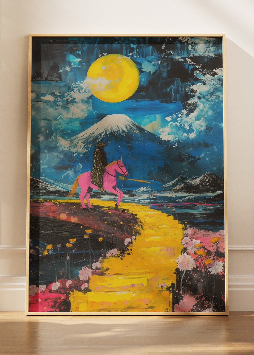 Neon Samurai Moon – Surreal Fantasy Landscape Canvas & Poster Print – AI PRINT LAB