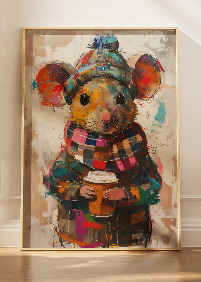Cozy Coffee Mouse Poster & Canvas Print – Cute Winter Mouse Art in Colorful Scarf