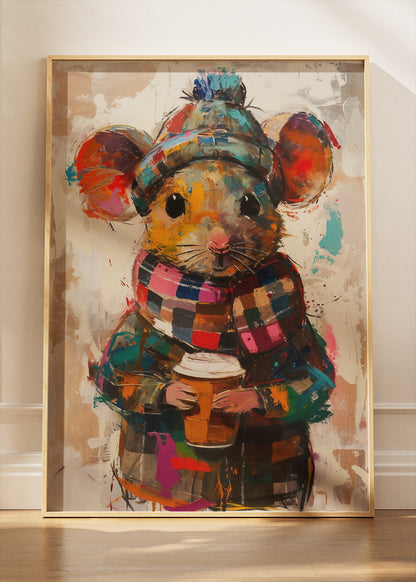 Cozy Coffee Mouse Poster & Canvas Print – Cute Winter Mouse Art in Colorful Scarf