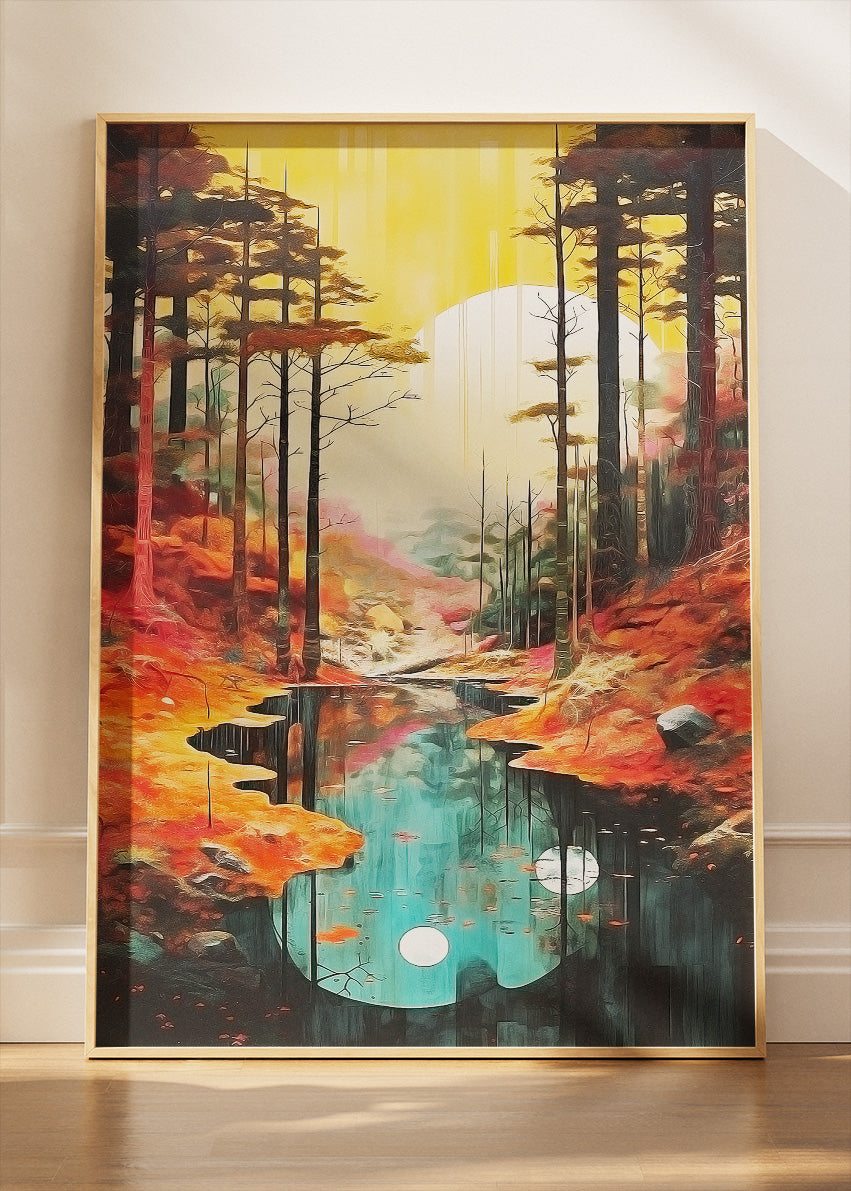 Autumn Reflection River – Modern Golden Forest Canvas & Poster Print – AI PRINT LAB