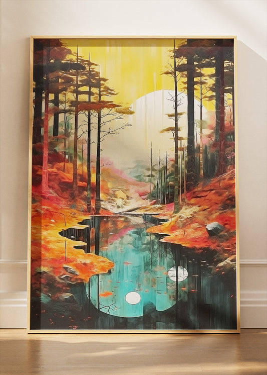 Autumn Reflection River – Modern Golden Forest Canvas & Poster Print – AI PRINT LAB