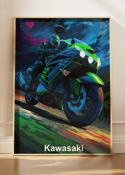 Kawasaki Night Ride Superbike Wall Art Poster & Canvas