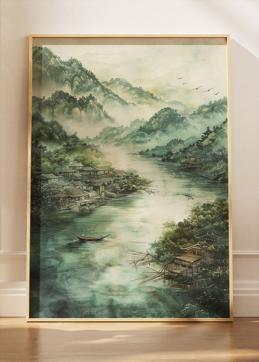 Misty Mountain River Village – Tranquil Asian Landscape Wall Art Poster & Canvas – AI PRINT LAB