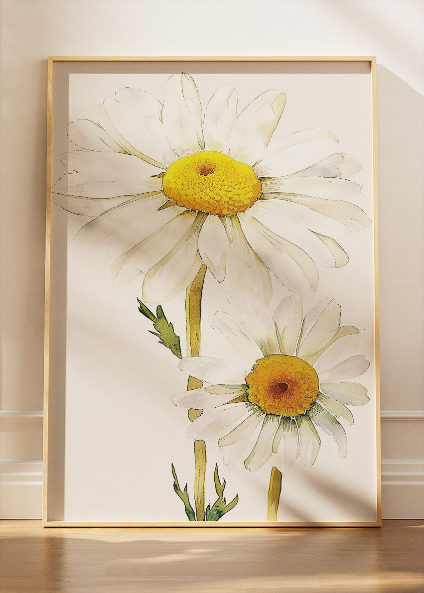 Minimal Daisy Flower Wall Art – White Botanical Canvas Print & Soft Neutral Floral Poster for Modern Living Room Decor UK