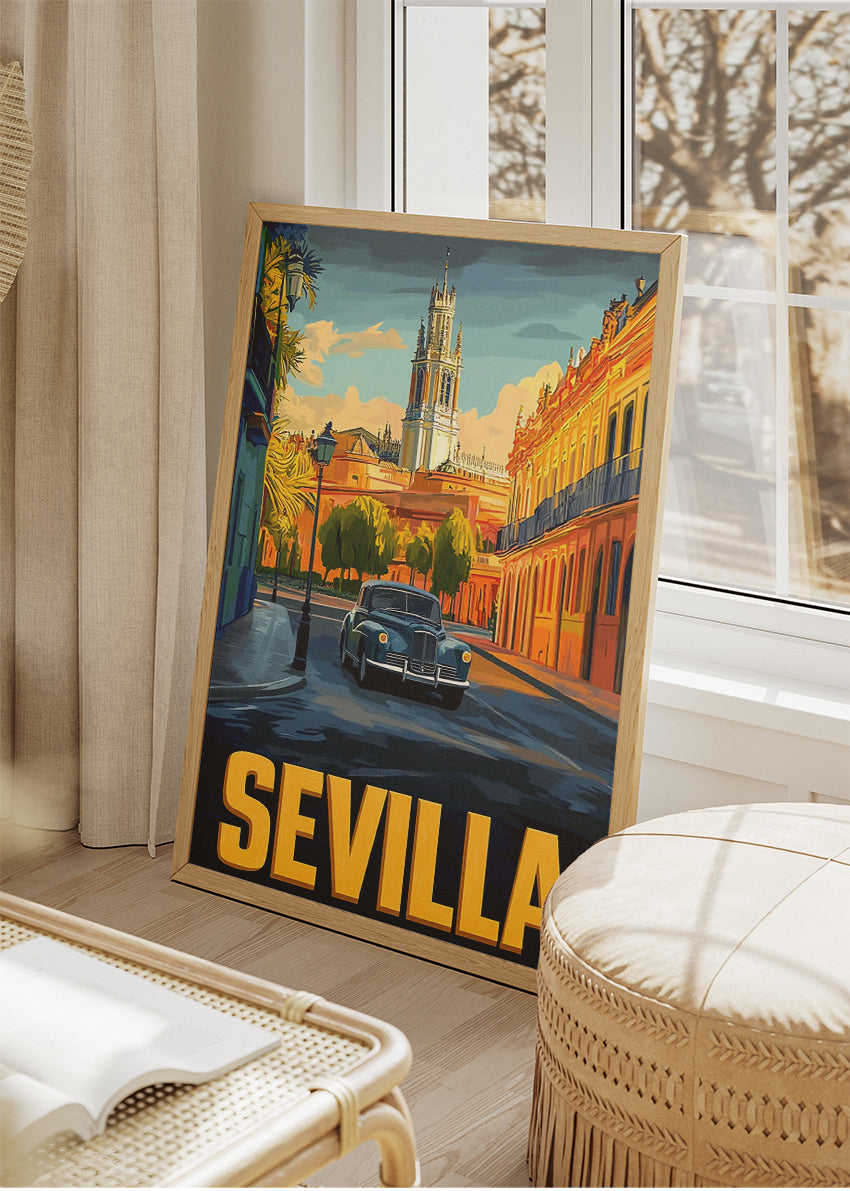 Sevilla Spain Poster & Canvas Print – Vintage Illustrated Andalusia Classic Car Art