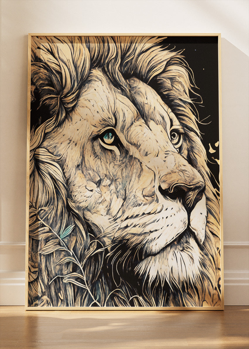 Majestic Lion Portrait Poster & Canvas Print – Detailed Wild Animal Illustration