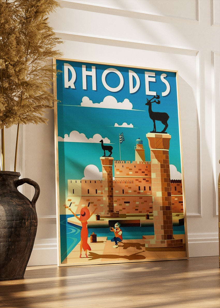 Rhodes Greece Vintage Travel Poster & Canvas Print – Mediterranean Old Town Art
