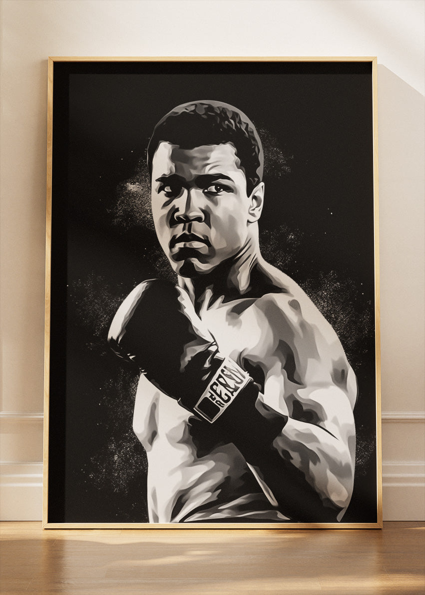 Muhammad Ali Black & White Boxing Portrait Poster & Canvas Art Print – Iconic Fight Wall Art