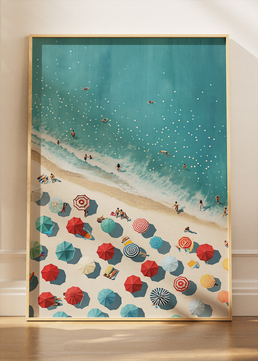 Summer Beach Aerial – Vibrant Coastal Umbrella Canvas & Poster Print – AI PRINT LAB
