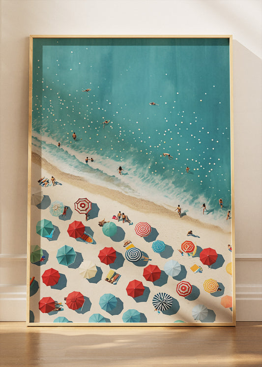 Summer Beach Aerial – Vibrant Coastal Umbrella Canvas & Poster Print – AI PRINT LAB