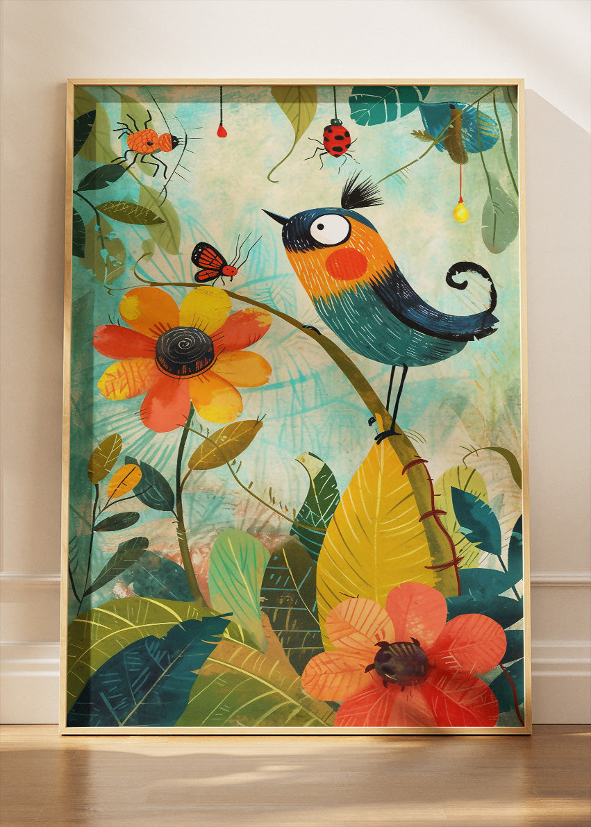 Whimsical Bird & Floral Garden Poster & Canvas Print – Colorful Nature Illustration Art