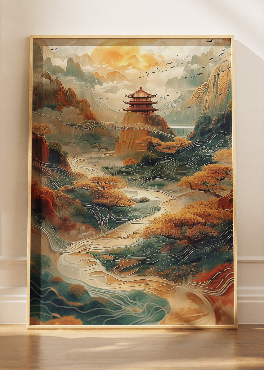 Golden Pagoda Valley – Oriental Mountain Landscape Canvas & Poster Print – AI PRINT LAB