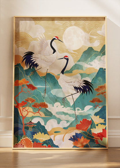 Japanese Crane Art Poster & Canvas Print – Elegant Washi-Style Mountain Landscape
