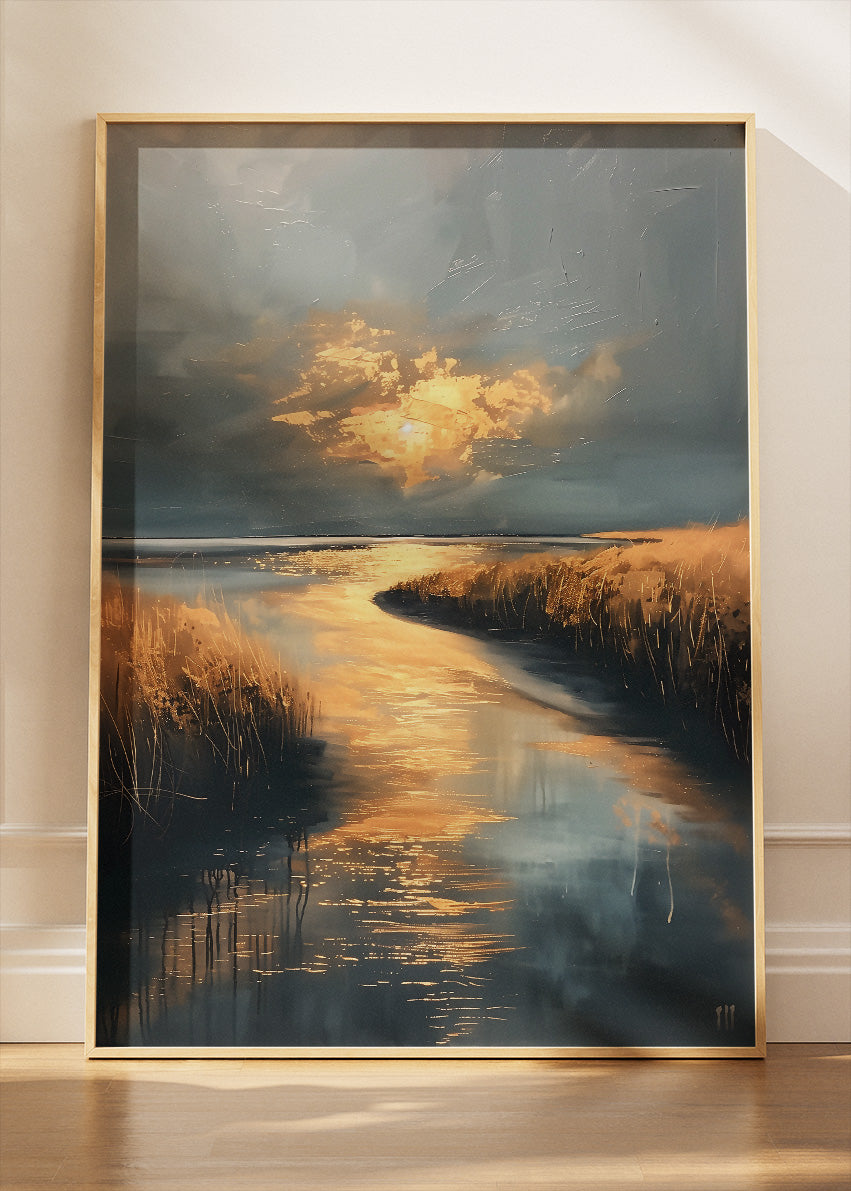 Golden River Glow – Moody Sunset Waterscape Canvas & Poster Print – AI PRINT LAB