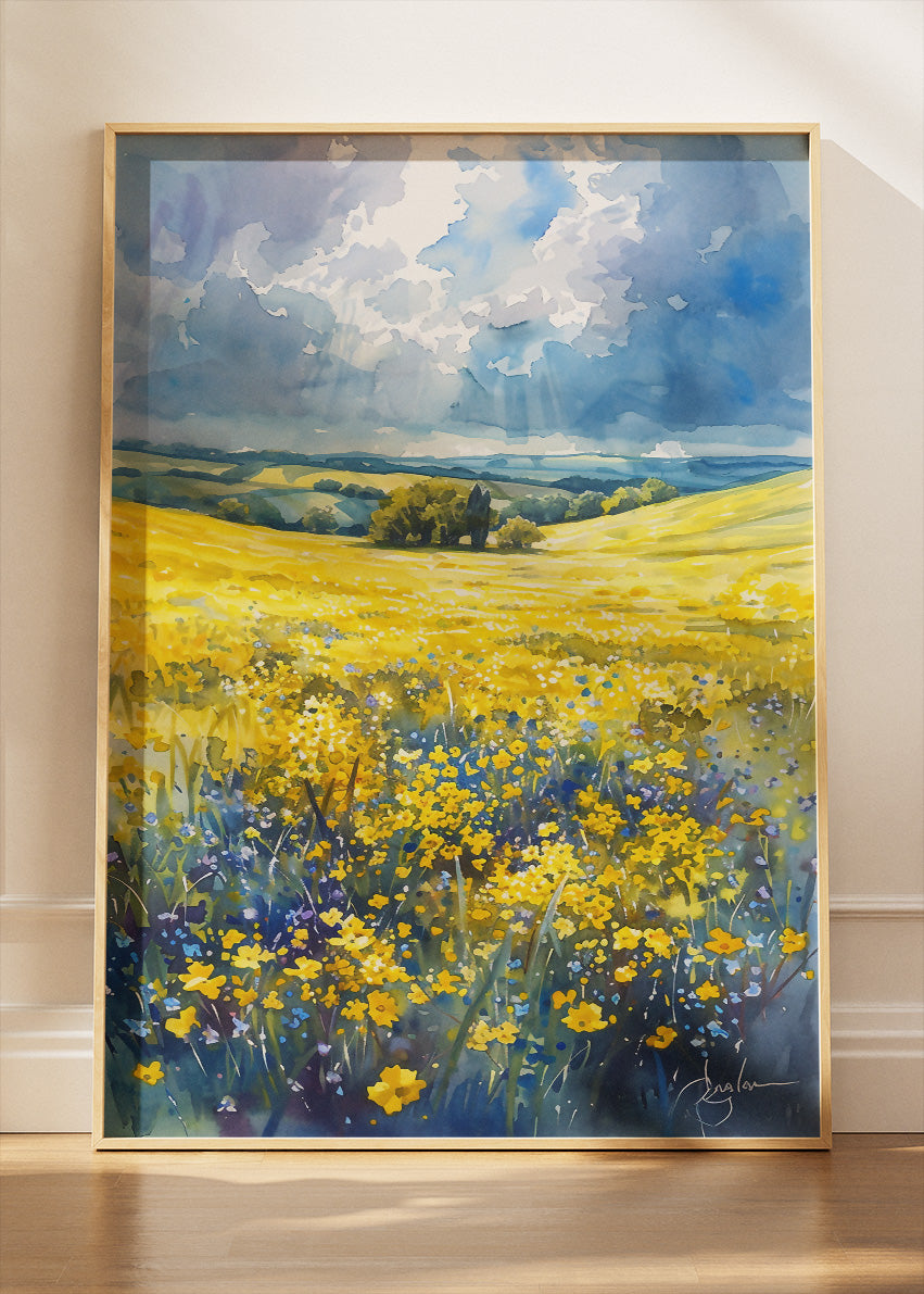 Golden Wildflower Fields – Bright Countryside Landscape Canvas & Poster Print – AI PRINT LAB