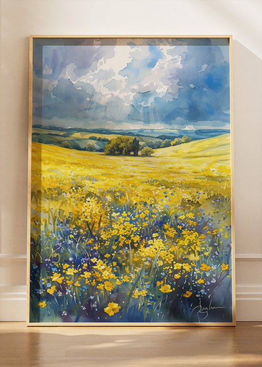 Golden Wildflower Fields – Bright Countryside Landscape Canvas & Poster Print – AI PRINT LAB