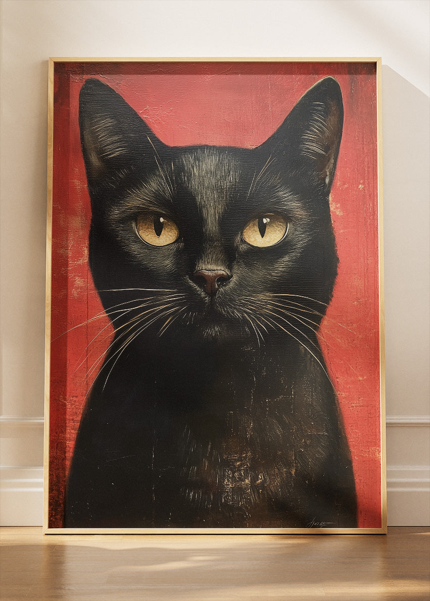 Black Cat Vintage Portrait Poster & Canvas Print – Retro Feline Wall Art