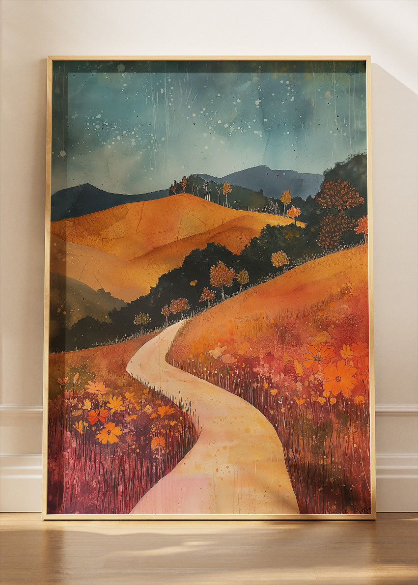Autumn Pathway Hills – Warm Countryside Landscape Canvas & Poster Print – AI PRINT LAB