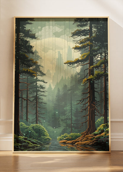 Mystical Pine Forest River Landscape Canvas & Poster Print – AI PRINT LAB