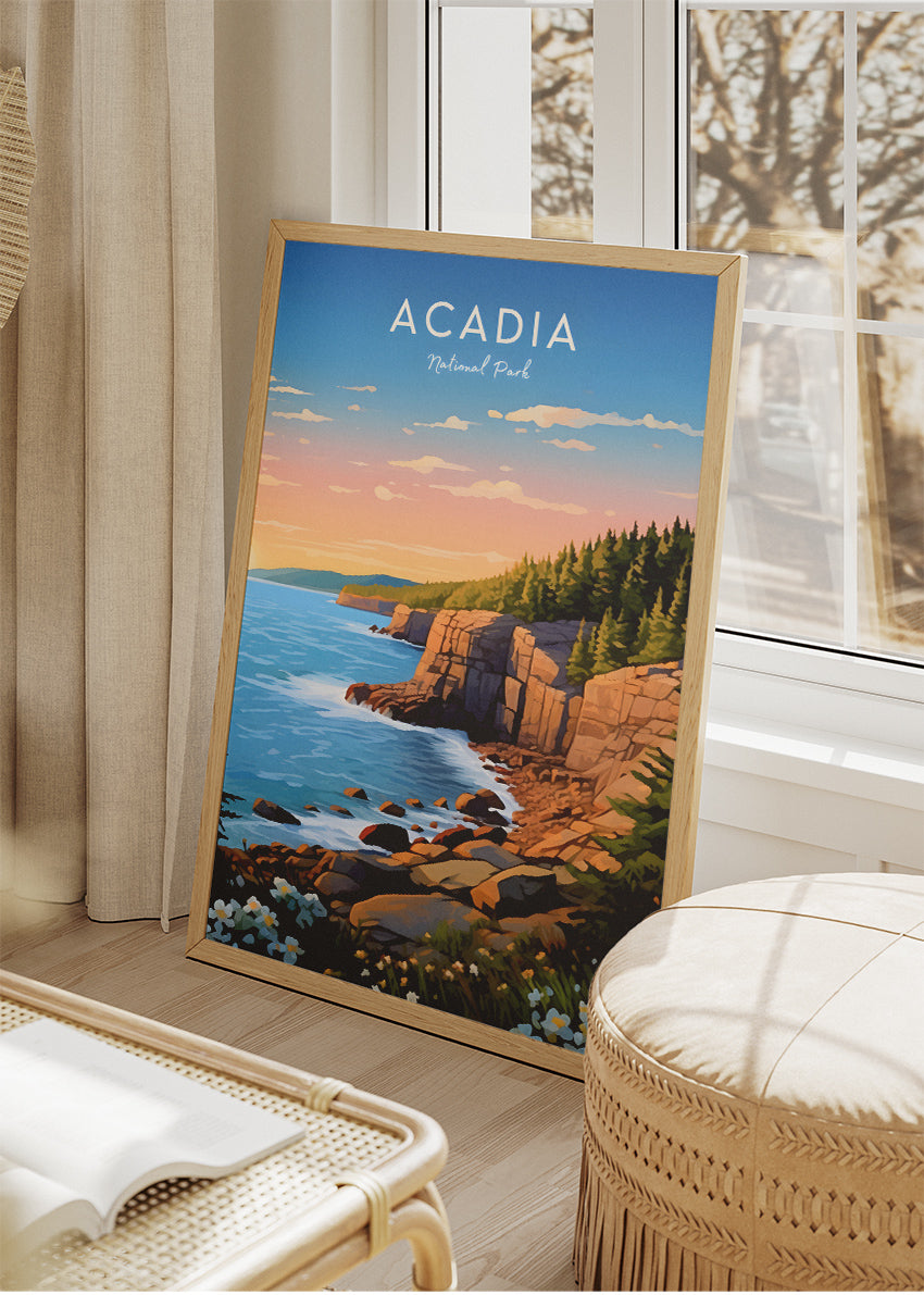Acadia National Park Poster & Canvas Print – Coastal Cliff Sunrise Illustration Wall Art