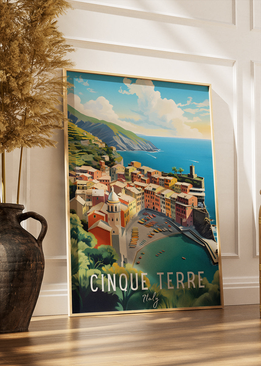 Cinque Terre Italy Poster & Canvas Print – Illustrated Coastal Vernazza Art