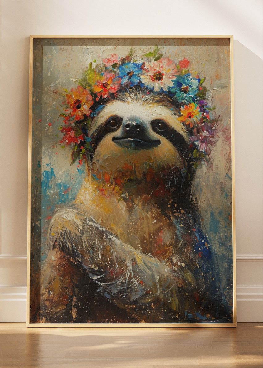 Boho Floral Sloth Poster & Canvas Print – Whimsical Animal Art Illustration
