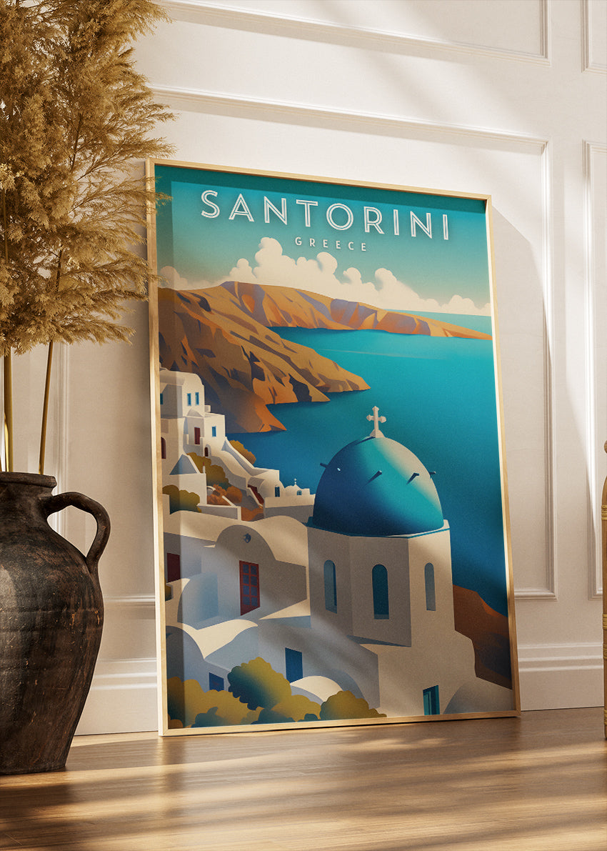 Santorini Greece Blue Dome Poster & Canvas Print – Greek Island Caldera View Art