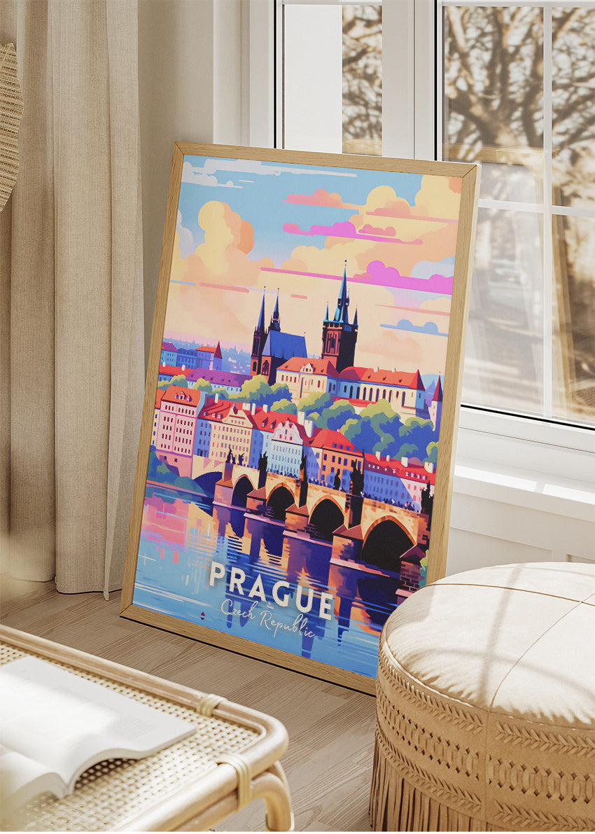 Prague Czech Republic Travel Poster & Canvas Print – Charles Bridge Skyline Wall Art