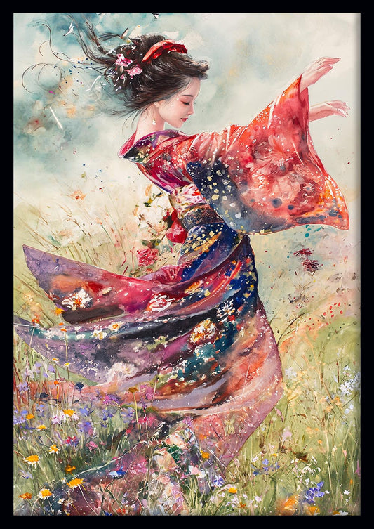 Dancing Geisha in Kimono – Elegant Japanese Watercolor Canvas & Poster Art – T1069 – AiPrintLab