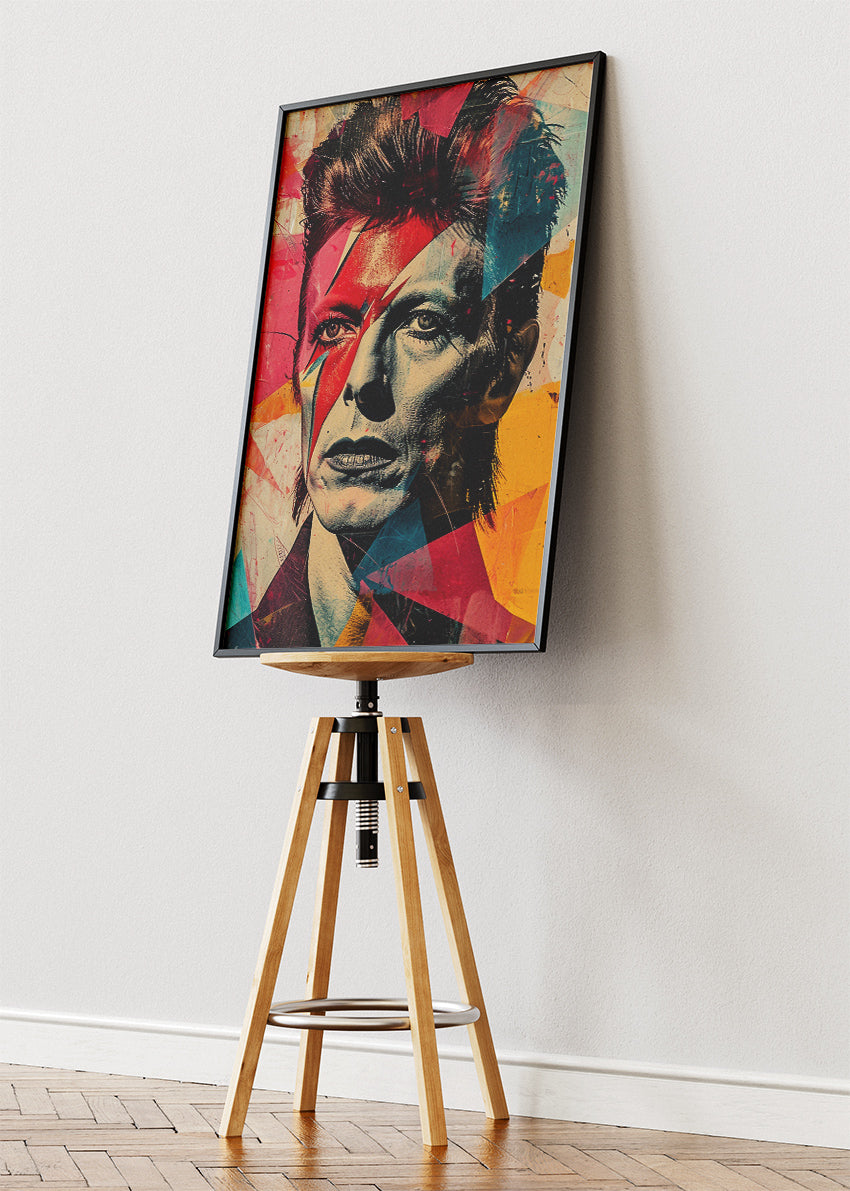 David Bowie Ziggy Stardust Inspired Geometric Portrait Wall Art Poster & Canvas Print – Iconic Glam Rock Artwork