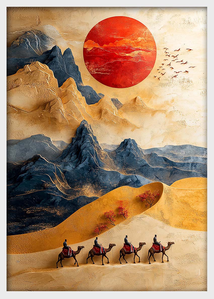 Desert Caravan under Red Sun Wall Art – Sand Dunes & Mountains Poster & Canvas – T1457 –