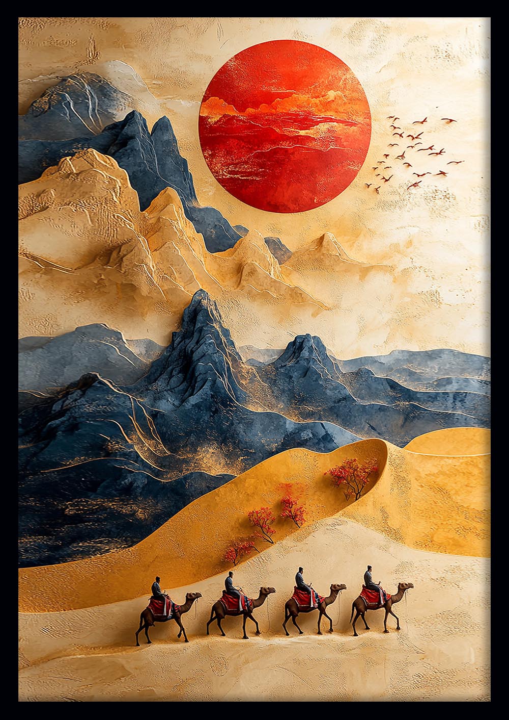 Desert Caravan under Red Sun Wall Art – Sand Dunes & Mountains Poster & Canvas – T1457 –